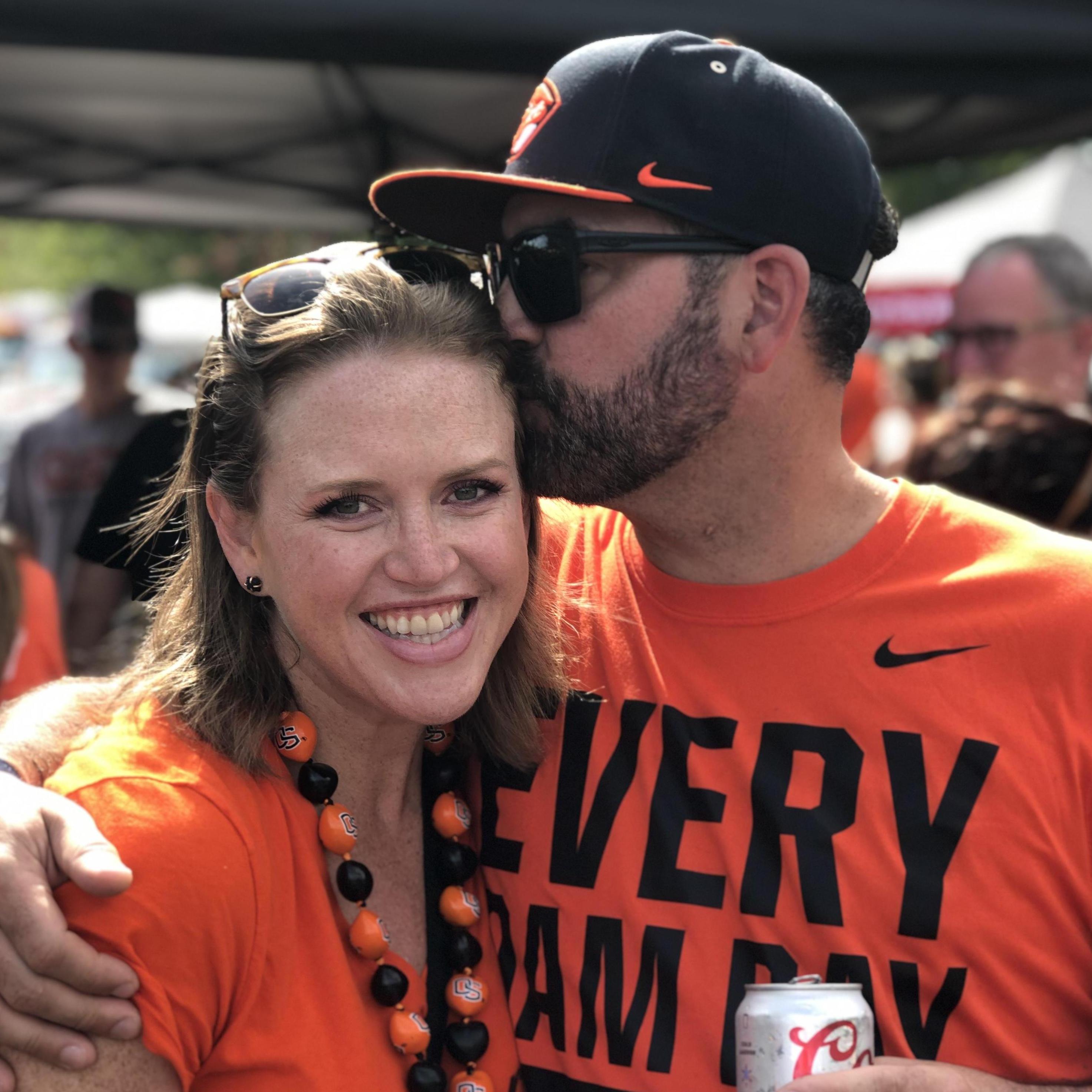 "I'm a Beaver born and a Beaver bred and when I die I'll be a Beaver, DEAD". Mark adopted Kellie's alma mater and we now both own too much orange clothing.
