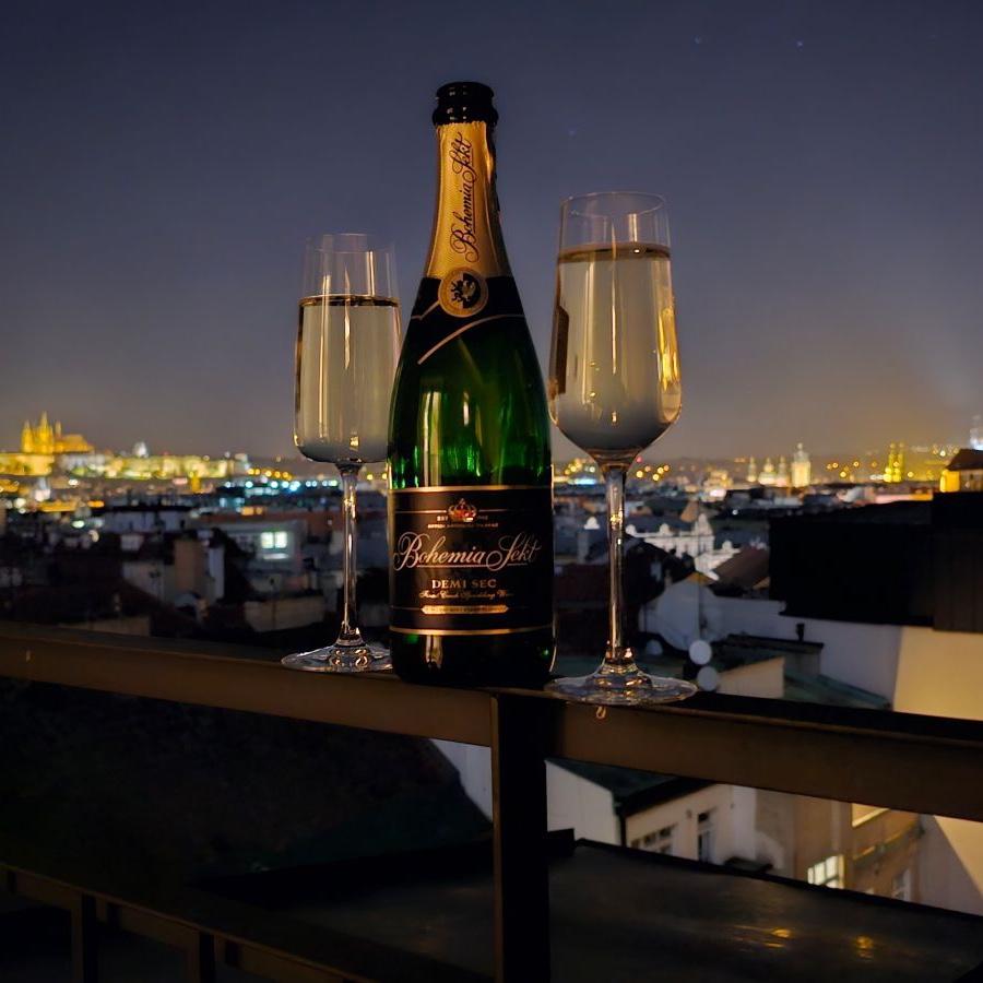Our engagement day toast on THE balcony in Prague!