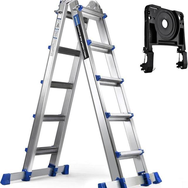 HBTower A Frame 5 Step Extension Ladder, 17 Ft Multi Position Ladder with Removable Tool Tray and Stabilizer Bar, 330 lbs Capacity Telescoping La dder for Household and Outdoor Work…