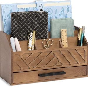 Brown Wood Desk Organizer and Accessories with Drawer, Bill Mail Organizer and File Mail Holder for Office Supplies, Modern Desk Accessories & Workspace Organizers for Desk Organization