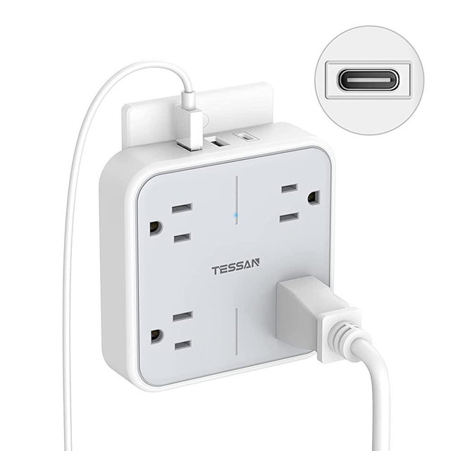 Multi Plug USB Wall Charger, 4 Outlet Splitter with 3 USB Wall Plug (1 USB C Port), Multiple Plug Outlets Extender with Surge Protector Spaced for Home, Travel, College Dorm Room