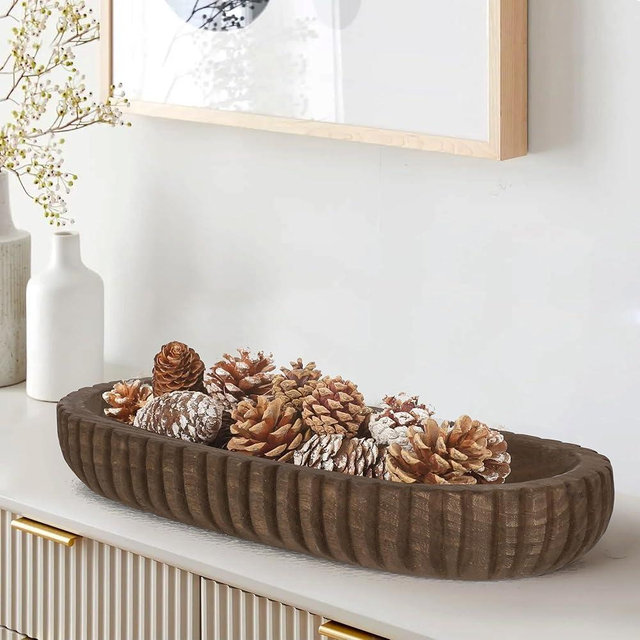 Oakrain Wooden Decorative Bowl for Home Decor, 16" Rustic Dough Bowl with Hand Carved Vertical Stripes, Long Wood Tray for Table Centerpieces, Brown