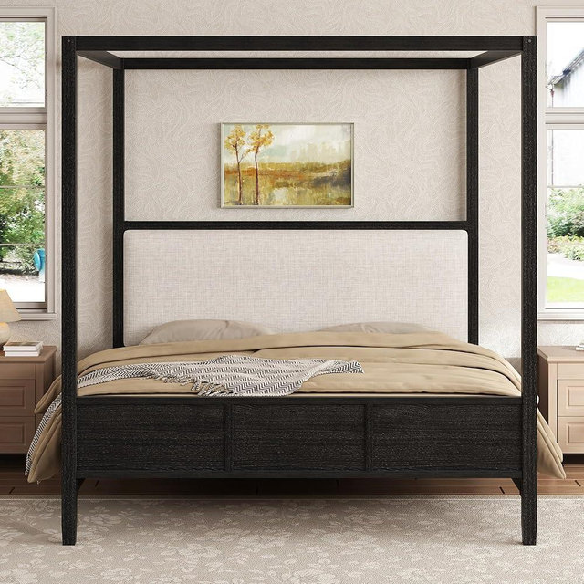 VilroCaz King Size 4-Poster Canopy Platform Bed with Comfortable Upholstery Headboard, Wooden Canopy Platform Bed Frame Sturdy Slats Support and Legs, No Box Spring Needed (Black-5.1, King)