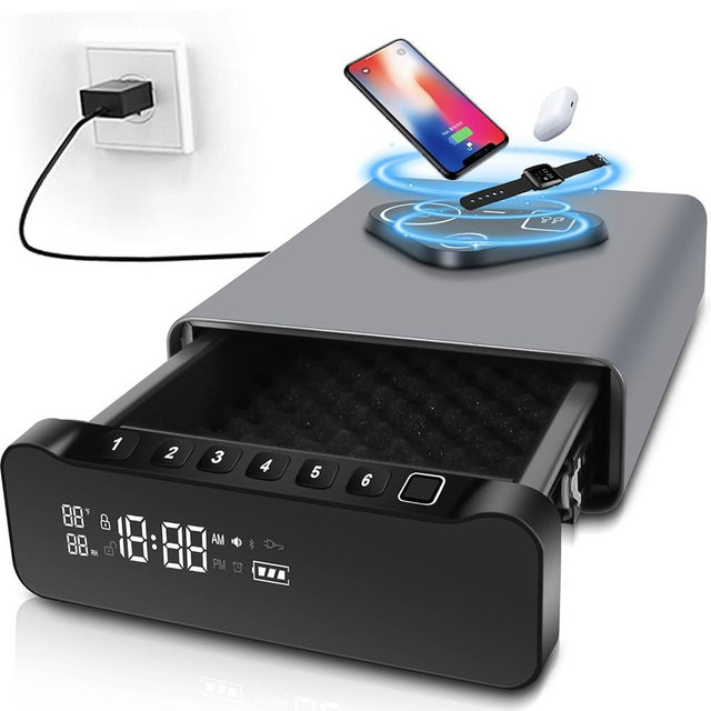 FTOP Biometric Fingerprint Gun Safe, Clock Handgun Safe with 3-in-1 Watch & Phone Wireless Charging, Drawer Lock for Hand guns, Cash, Valuables- with Humidity Reader|Temperature| Alarm Clock| Screen
