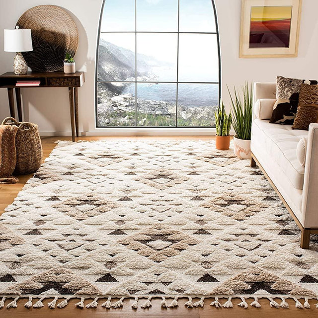 SAFAVIEH Moroccan Tassel Shag Collection MTS688A Boho Non-Shedding Living Room Bedroom Dining Room Entryway Plush 2-inch Thick Area Rug, 9' x 12', Ivory / Brown
