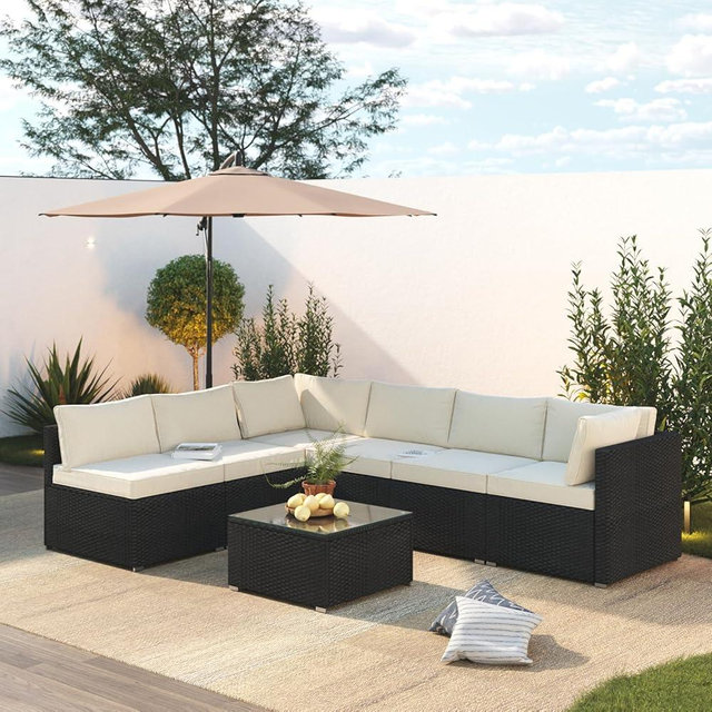 Naga Bahna 7 Piece Patio Furniture Set, Outdoor Couch Set—All-Weather Outdoor Furniture Sectional w Water Resistant Thick Cushions, Patio Sofa Set w 2 Extra Pillows and Coffee Table, Beige/Black