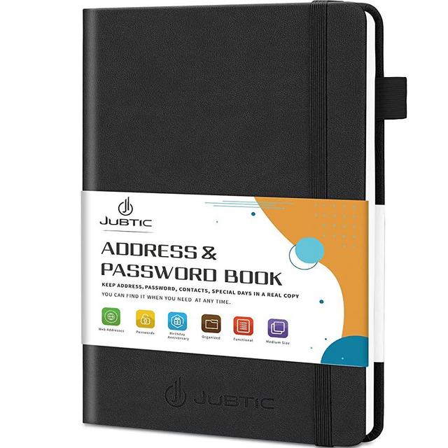 JUBTIC Address book with Alphabetical Tabs , Hardcover Password Keeper and Telephone Book Address Organizer Record Contacts, Internet Login Address Log book Journal Notebook for Home or Office-Black