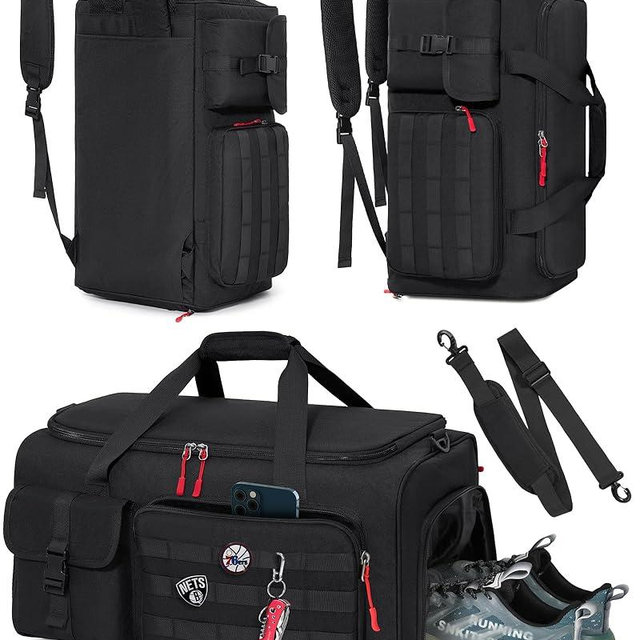 RAINSMORE Gym Bag for Men, 45L Sports Travel Duffel Bag with Shoe & Laptop Compartment, Gym Workout Backpack Carry On Weekender Bag Overnight Backpack for Travel, Black