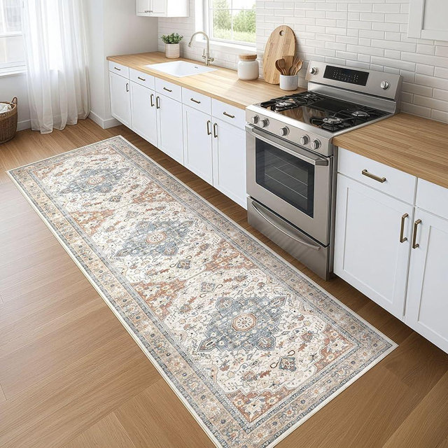 Runner Rug Kitchen Washable Rugs: 3x10 Non-Slip Boho Soft Vintage Stain Resistant Indoor Floor Neutral Farmhouse Throw Carpet for Hallway Bathroom Laundry Room Entryway Bedroom- Beige Blue