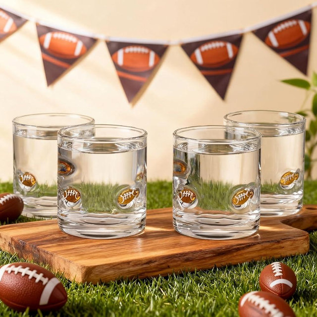 SiliFine 4 Pack Football Icon Glass Cups 14oz Icon Juice Glasses Double Old Fashioned Hand Blown Stemless Wine Glasses Reusable Drinking Cup for Birthday Sport Party Gifts Supplies (Football)