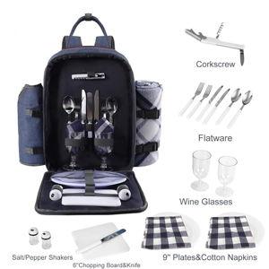 ALLCAMP OUTDOOR GEAR Picnic Backpack for 2 Person Set W/Detachable Bottle/Wine Holder, Fleece Blanket, Plates and Cutlery Set (Blue)
