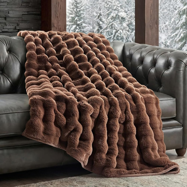 EverGrace Ultra Soft Luxury Fluffy Faux Rabbit Fur Throw Blanket, Thick Warm Bubble Throw for Bed, Cozy Plush Reversible Blankets for Couch, Chair, Sofa, Chestnut, 60x80 Inches