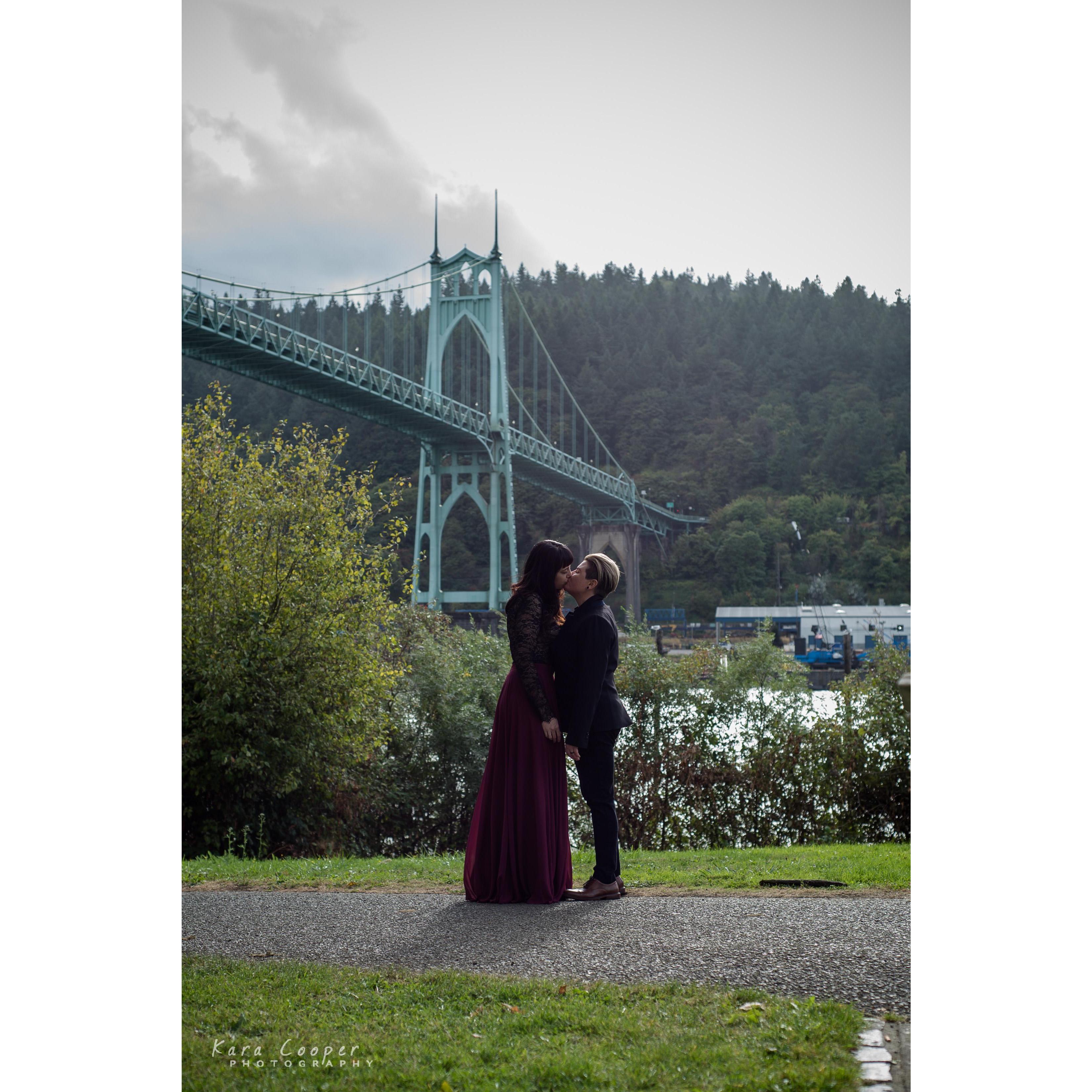 At Cathedral park underneath St Johns bridge during our engagement shoot,