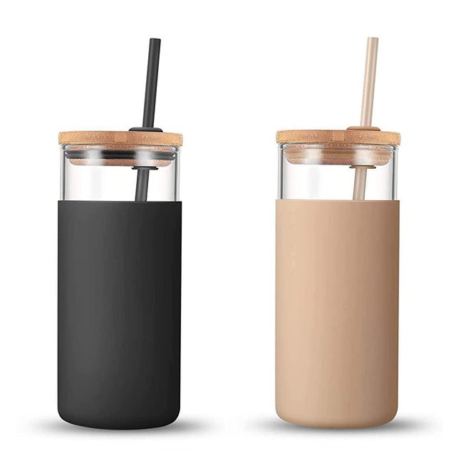tronco 20oz Glass Tumbler Glass Water Bottle Straw Silicone Protective Sleeve Bamboo Lid - BPA Free(Black Amber)