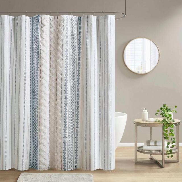 Ink+Ivy Imani Cotton Print Elegant Soft Shower Curtain with Chenille Navy Blue/White: Mid-Century Modern, Machine Washable, Buttonhole Top