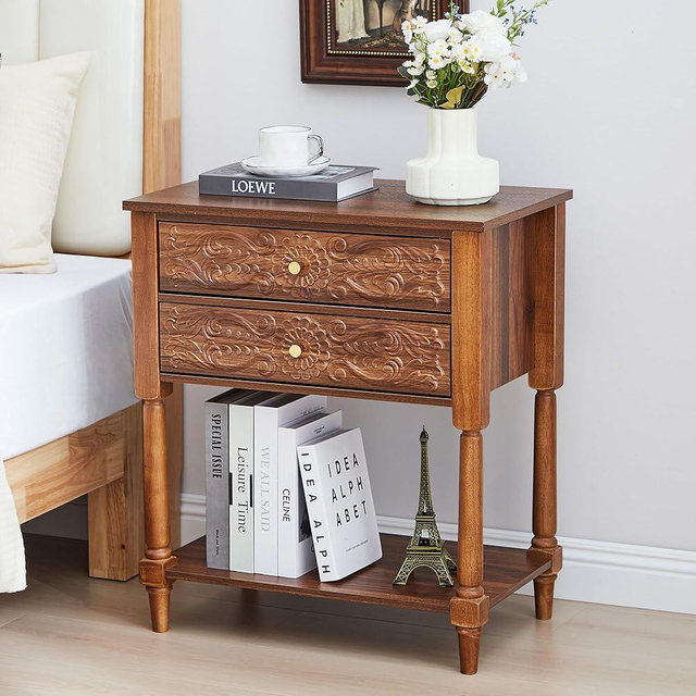 Sylphorium Nightstand, Farmhouse Bedside Table with 2 Drawers and Open Shelf, Wood Sofa Side Table End Table Accent Dresser for Bedroom, Living Room (with Shelf, Walnut)