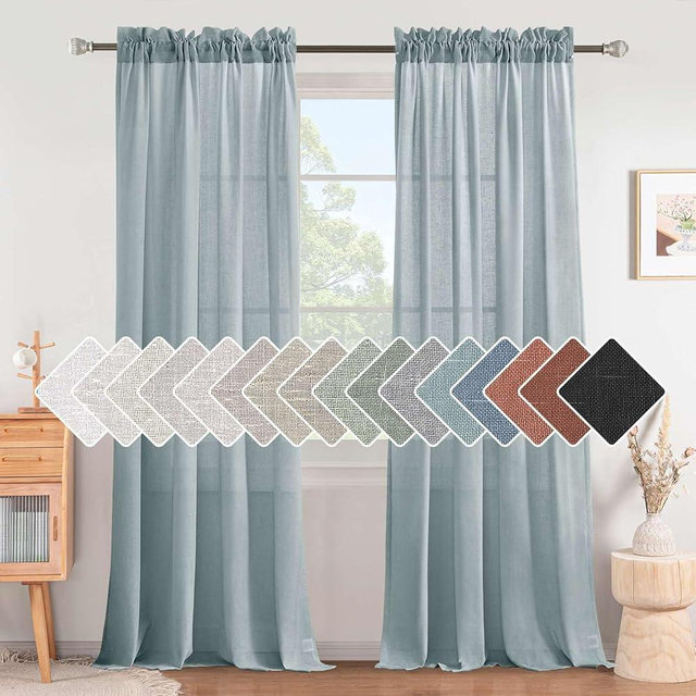 H.VERSAILTEX Linen Curtains Elegant Natural Linen Semi Sheer Curtains Energy Light Filtering Rod Pocket Window Treatments Panels for Living Room (Set of 2, Cloud Blue, 52 inch W X 84 inch L)