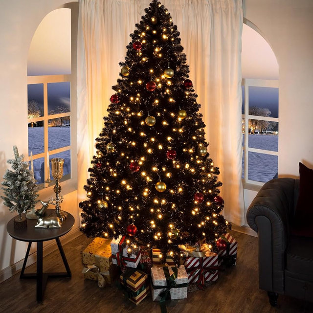 Naomi Home 7.5ft Black Christmas Tree with Lights, Unique Dusky Christmas Tree Prelit with 1412 Branch Tips, 600 Warm Lights and Metal Stand, Aritificial Xmas Tree