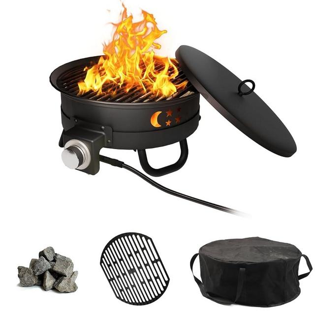 ONUUNPY Portable 17 inch Propane Fire Pit 58000 BTU Smokeless Gas Fire Bowl with Adjustable Flame,Cover&Carry Kit,CSA Certified for Camping,Patio,Backyard,RV&Tailgating-Includes Hose &Lava Rocks&Grill