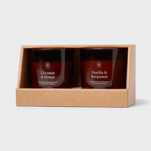 Gift Set of 2 Amber Glass Vanilla and Bergamot and Coconut and Honey Jar Candle 4.5oz - Threshold™