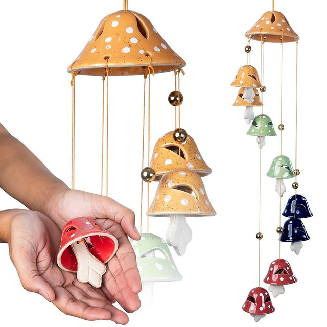 Wiosi Mushroom Wind Chimes for Outside Garden Decor - Mushroom Garden Decor Piece - Ceramic Windchimes Outdoors - Indoor Bell Wind Chimes - Perfect Small Wind Chimes for Garden Lovers
