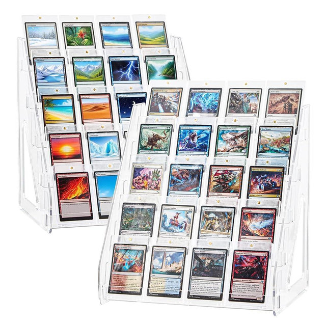 DEEIF 2 Pack Acrylic Trading Card Display Stand, 5-Tier Clear Shelf Holds Up to 40 Cards, 12" Wide Card Holder for Top loaders & Magnetic Cases, Large Storage for TCG, MTG Cards