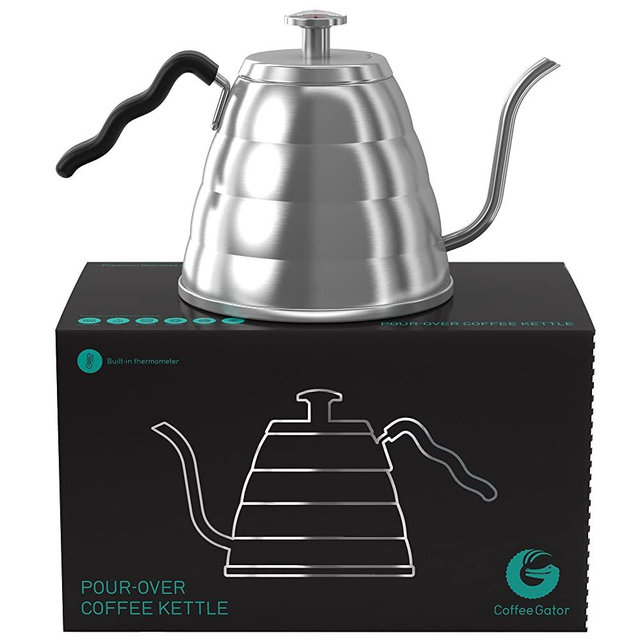 Gooseneck Kettle - Coffee Gator Pour Over Kettle - Precision-Flow Spout and Thermometer - Barista-Standard Hand Drip Tea and Coffee Kettle for Induction and all Stovetops - 40oz