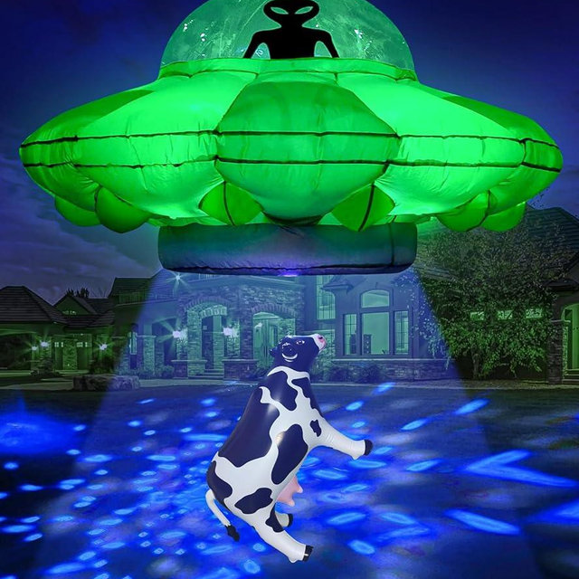 Inflatable Alien Party Decorations 4.2FT Alien UFO Cow Abduction Halloween Blow Up Inflatables Built-in Green LEDs Blue&White Flashing Light Outdoor Indoor Holiday Home Garden Lawn Decor