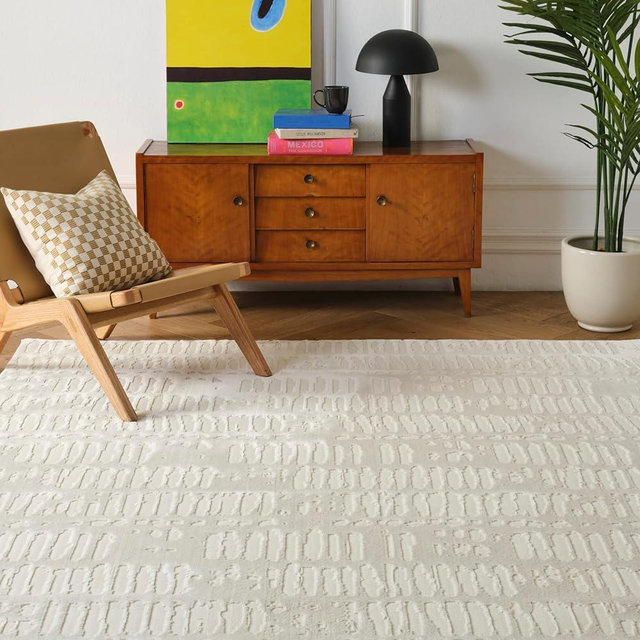 Revival Rugs Shell 6'7"x9' Machine Washable Area Rug for Living Room Bedroom - 100% Recycled Oeko-TEX Certified, Medium Pile, Beige, Cream