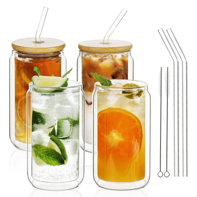 LIBWYS 12oz 4pcs Double Wall Glass Cups with Bamboo Lids and Straws - Condensation Resistant Insulated Drinking Glasses for Cold Beverages, Iced Coffee, Tea, Juice, Clear Borosilicate Glass Tumbler