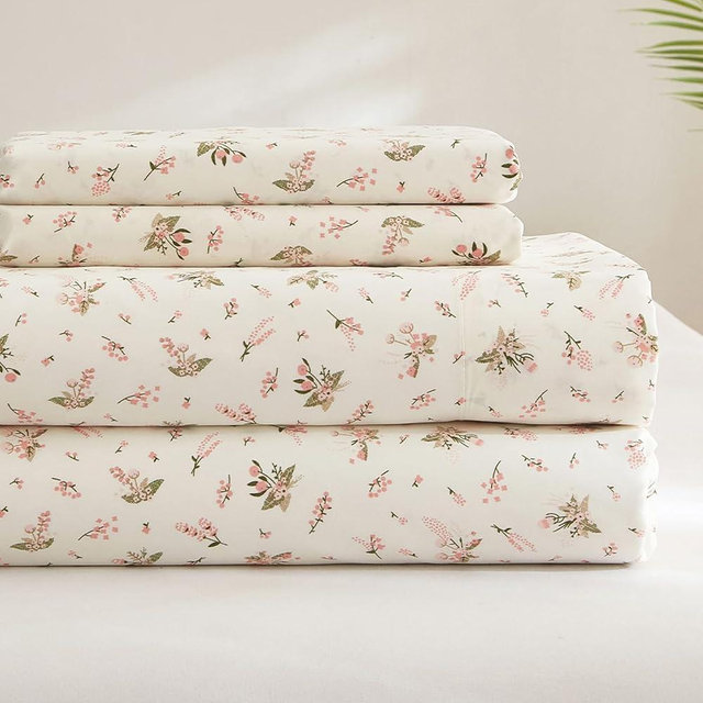 King Size Bed Sheets Set White - 4 Piece Pink Floral Bed Sheet Set Deep Pockets - Luxury Soft Cooling Sheets Fitted Sheets for King Bed,Easy Fit Hotel Bedding Sheets and Pillowcases Set