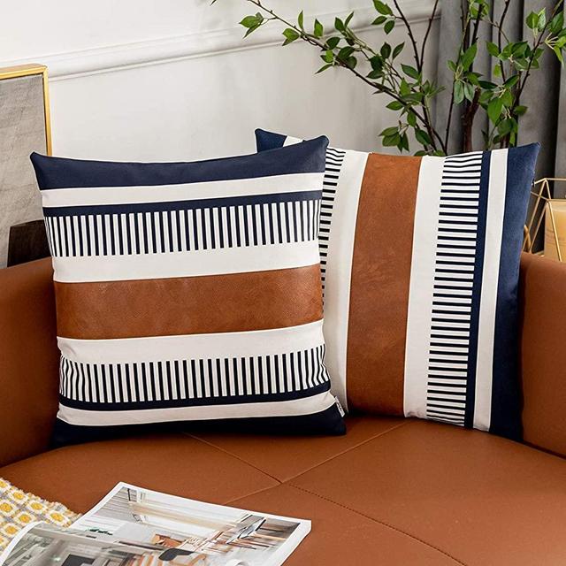 Vfuty Pack of 2 Farmhouse Throw Pillow Covers for Couch Sofa Decorative Faux Leather Square Cushion Cover Tribal Stripe Accent Pillow Case 18 x 18 Inch, Navy