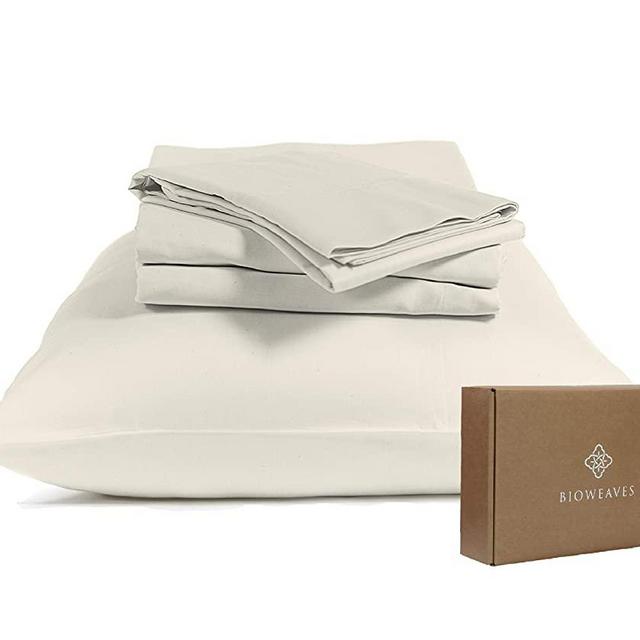 BIOWEAVES 100% Organic Cotton Sheets 300 Thread Count 4-Piece GOTS Certified Bed Sheet Set Fits Mattress Upto 17" Deep Pocket, Soft & Silky Sateen Weave (King, Undyed Natural)