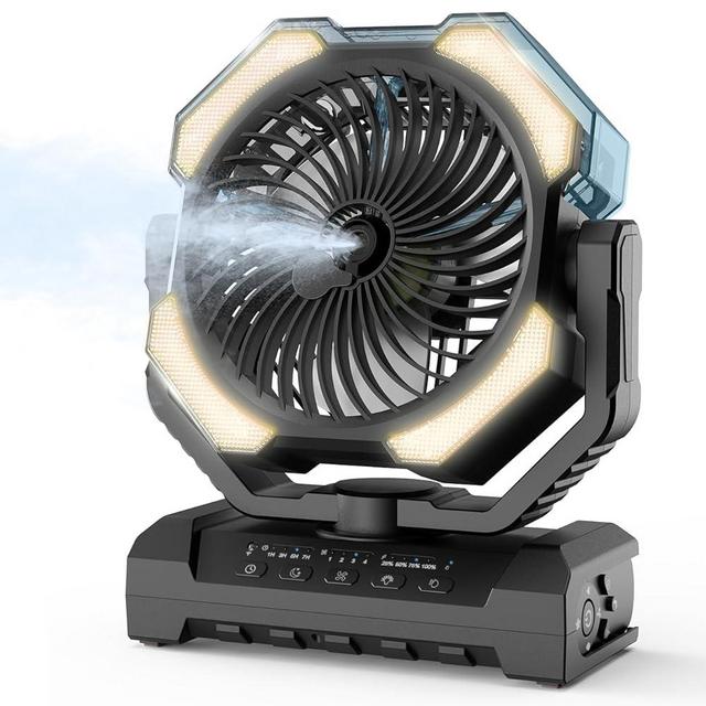 Camping Misting Fan - 30000mAh Portable Battery Powered Fans with 9oz Water Tank, Light, Hook - Rechargeable, 120H Cooling, Last 5H Mist, 4 Speed, Sleep Mode - Outdoor Fan for Travel, Patios, Fishing
