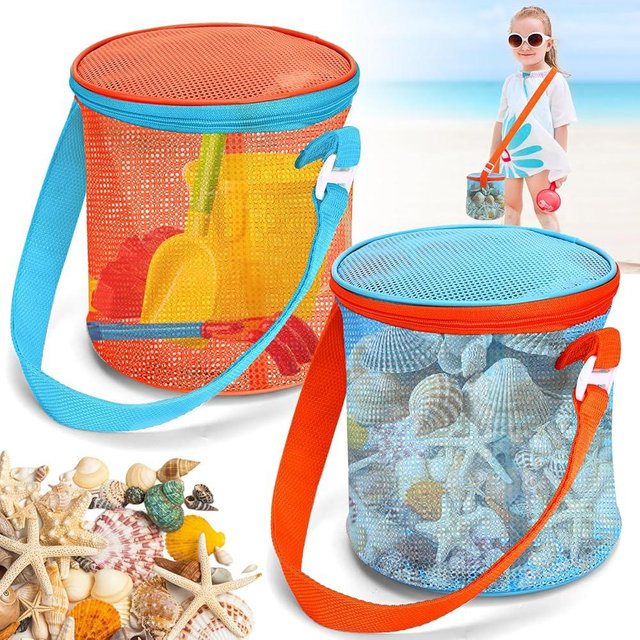 Vodolo Sea Shell Bags for Beach,2pcs Mesh Seashell Holder,Shelling Collecting Tools Travel Sand Toys Storage Bucket for Sandbox,Beach Vacation Essentials for Kids,The Beach Must Haves Sand Box Toy Bag