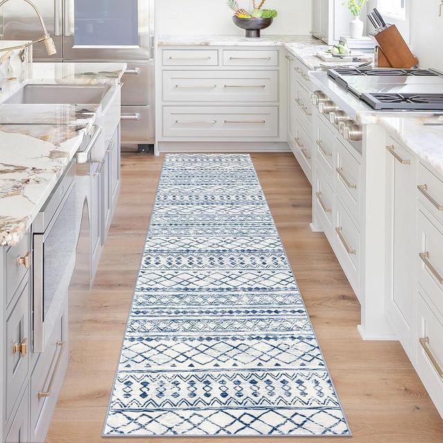 KUTA Moroccan Washable Hallway Runner Rug, 2x8 Non-Slip Vintage Blue White Boho Kitchen Rugs Ultra Soft Print Distressed Geometric Floor Carpet Runners for Bedroom Laundry Living Room