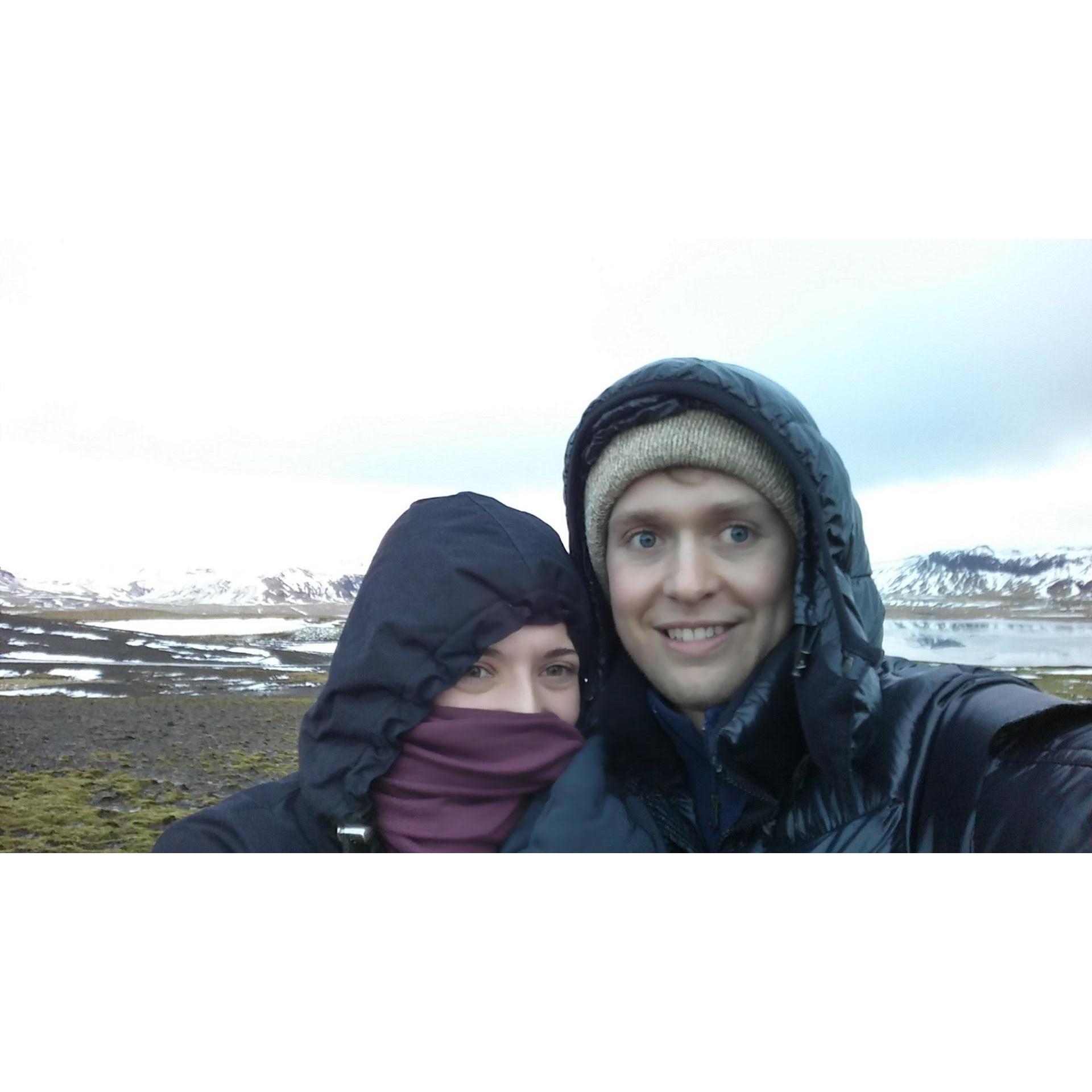 Trying not to freeze to death when we went to Iceland in December. Morgan got the car stuck up on a mountain and we had to walk 10 km back to our B&B for help