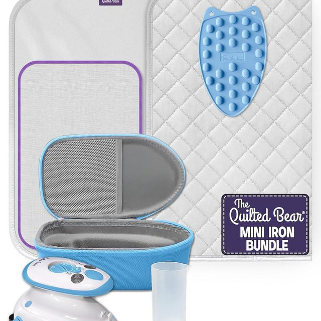 The Quilted Bear Mini Iron, Rest & Ironing Mat - Lightweight Mini Steam Iron with Hard Shell Travel Case, Rest & Ironing Mat - Travel Essentials for Wrinkle Free Clothes & Effortless Quilting (Blue)