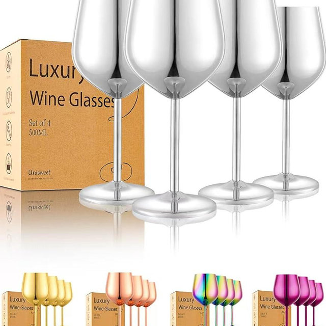 UNISWEET Stainless Steel Wine Glasses Set of 4 Unbreakable Wine Glass 18 oz Unique Metal Wine Goblets for Outdoor, Travel, Camping, Pool, Ideal Gift for Wine Lovers (Mirror-Silver)