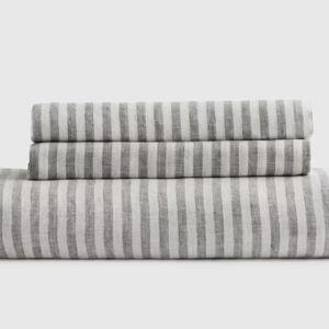 European Linen Stripe Fitted Sheet Set in Grey/white Stripe
