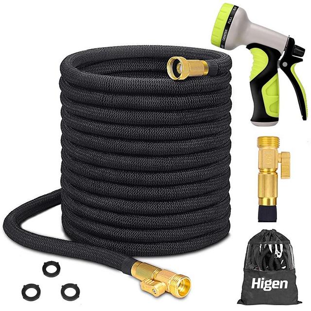 Higen 100ft Upgraded Expandable Garden Hose Set, Extra Strength Fabric Triple Layer Latex Core, 3/4" Solid Brass Fittings, 9 Function Spray Nozzle with Storage Bag, Premium No-Kink Flexible Water Hose