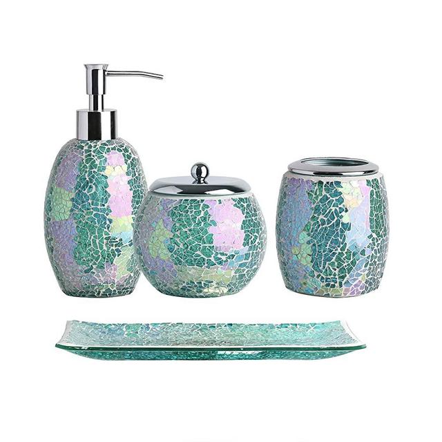 Whole Housewares 4-Pieces Bathroom Accessory Set Bright-Colored Mosaic Glass Bath Ensemble-Lotion Dispenser/Toothbrush Holder/Cotton Jar/Vanity Tray (Green)