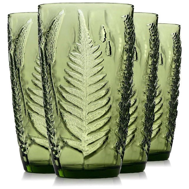 Vintage Green Drinking Glasses Set of 4 – 16 oz Hand-Blown Glass Tumblers, Heavy Textured Highball Cups, Antique-Style Colored Glassware, Retro Boho Aesthetic Drinkware – Unique Housewarming Gift