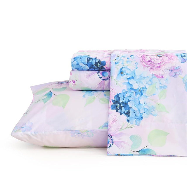 JSD Purple Hydrangea Floral Sheet Set Queen Size, 4 Piece Printed Microfiber Bed Sheets Deep Pocket