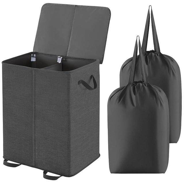 Lifewit Double Laundry Hamper with Lid and Removable Laundry Bags, Large Collapsible 2 Dividers Dirty Clothes Basket with Handles for Bedroom, Laundry Room, Closet, Bathroom, College, Black, 155L