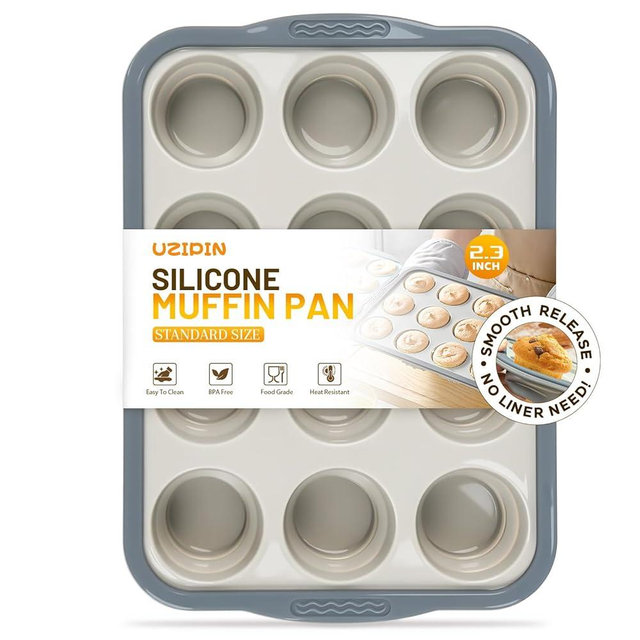 Silicone Muffin Pan, 12 Cups Non-Stick Cupcake Pan, Food-Grade BPA-Free Muffin Tin, Oven-Safe 450 °F, Reinforced Steel Frame, Easy-Grab Handles, Quick-Release Baking Molds for Standard & Mini Treats