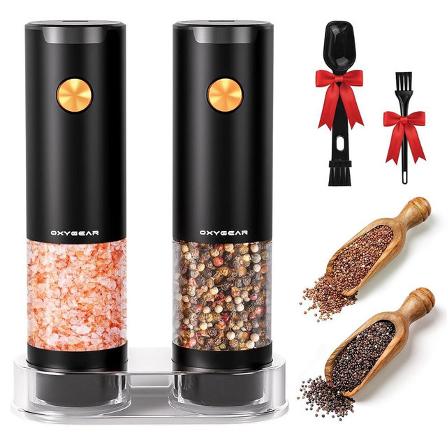 Electric Salt and Pepper Grinder Set (2Pack), Battery Operated Automatic Pepper Grinder with Storage Base, 5 Adjustable Coarseness, LED Light, 2.3oz Capacity, Refillable, Ideal for Home Cooks, Black