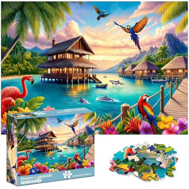 crowm Jigsaw Puzzle for Adults and Families 1000 Piece, Beach Landscape Scenic Puzzle for Game Nights Animal Birds Parrot Flamingos Dolphins Puzzle Sea Scenic Challenging Gift