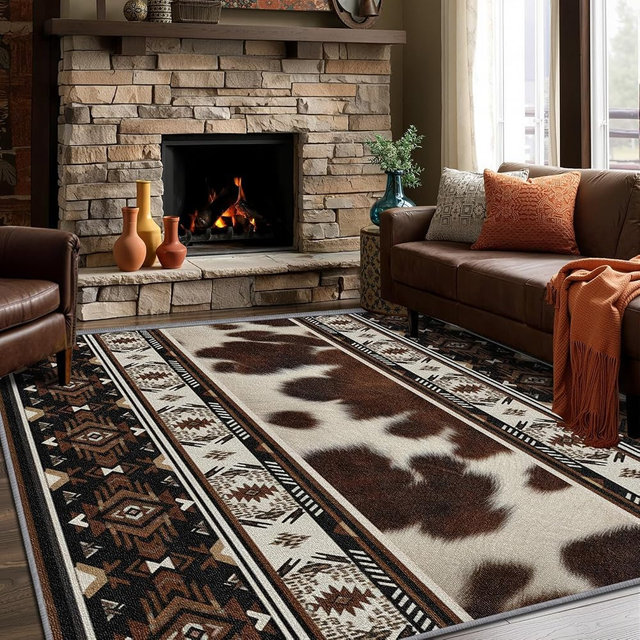 SherAvant Aztec Area Rugs - Cowhide Southwestern Tribal Rug 4x5, Farmhouse Rustic High Traffic Shed Resistant Carpets Room Decor (Brown/Black)