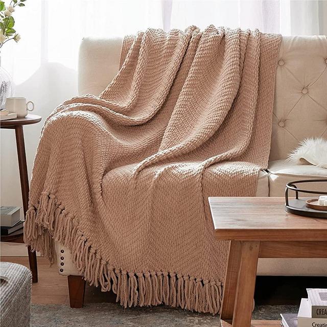 Bedsure Throw Blanket for Couch - Beige Knit Woven Chenille Blanket Versatile for Chair, 50 x 60 Inch Super Soft Warm Decorative Blanket with Tassels for Bed, Sofa and Living Room